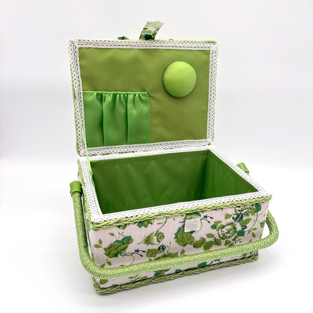 Vintage Floral Sewing Basket Green Woven Handle Cottagecore Craft Storage Box